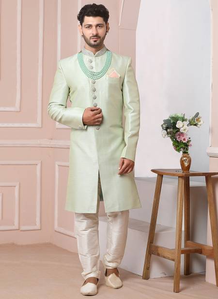 Pista Green New Ethnic Wear Mens Banarasi Silk Indo Western Collection 1663